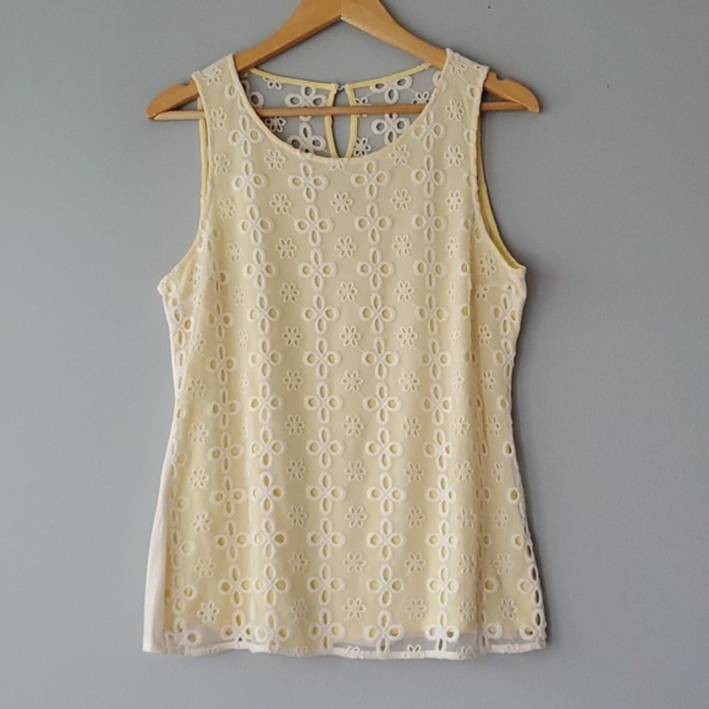 Jennifer Lopez White Floral Sheer and Yellow Sleeveless Dress Blouse Large